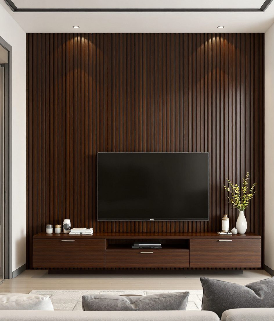 Wooden Slat TV Unit — Walnut Classic