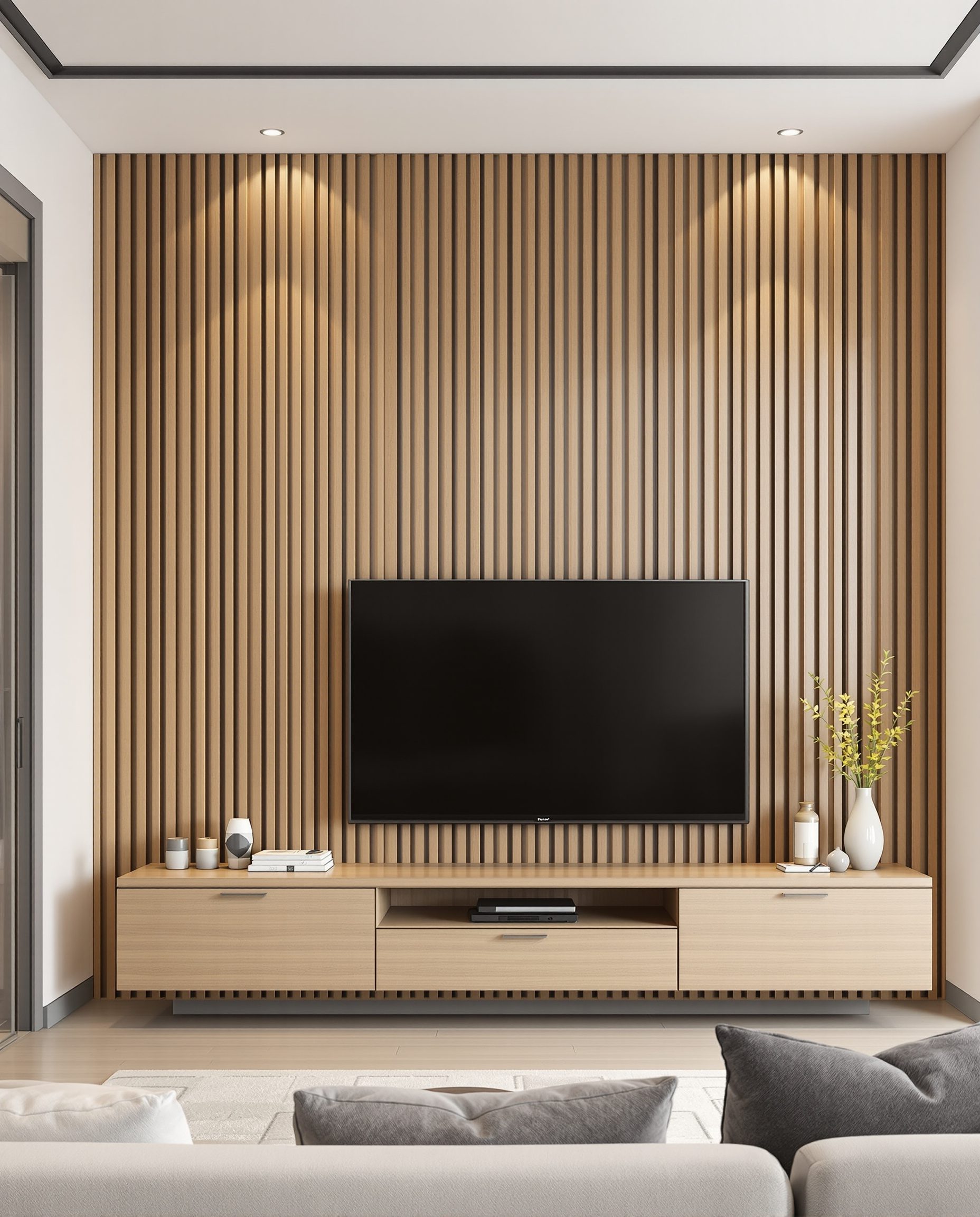 Wooden Slat TV Unit — Warm Oak