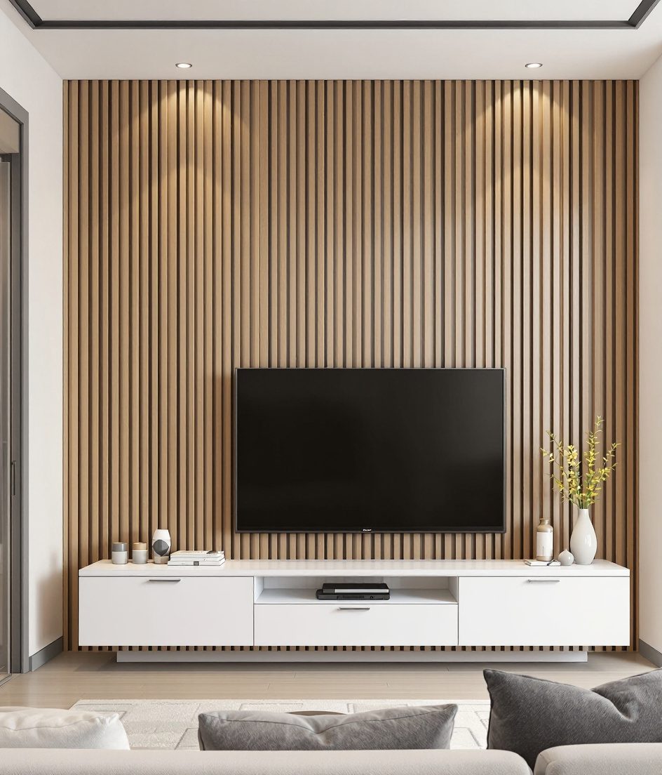 Wooden Slat TV Unit — White Modern
