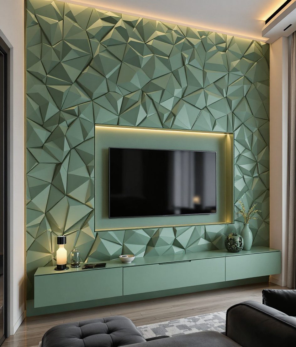 3D Charcoal Relief Wall — Sage & Brass