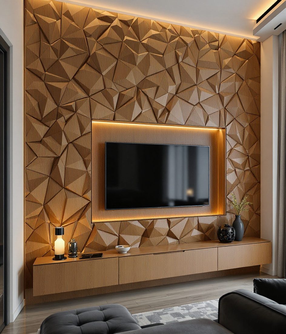 3D Charcoal Relief Wall — Warm Oak