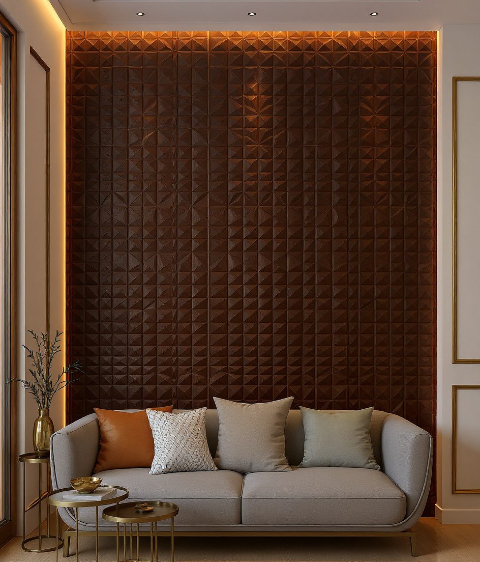 3D Geometric MDF Wall — Walnut Classic