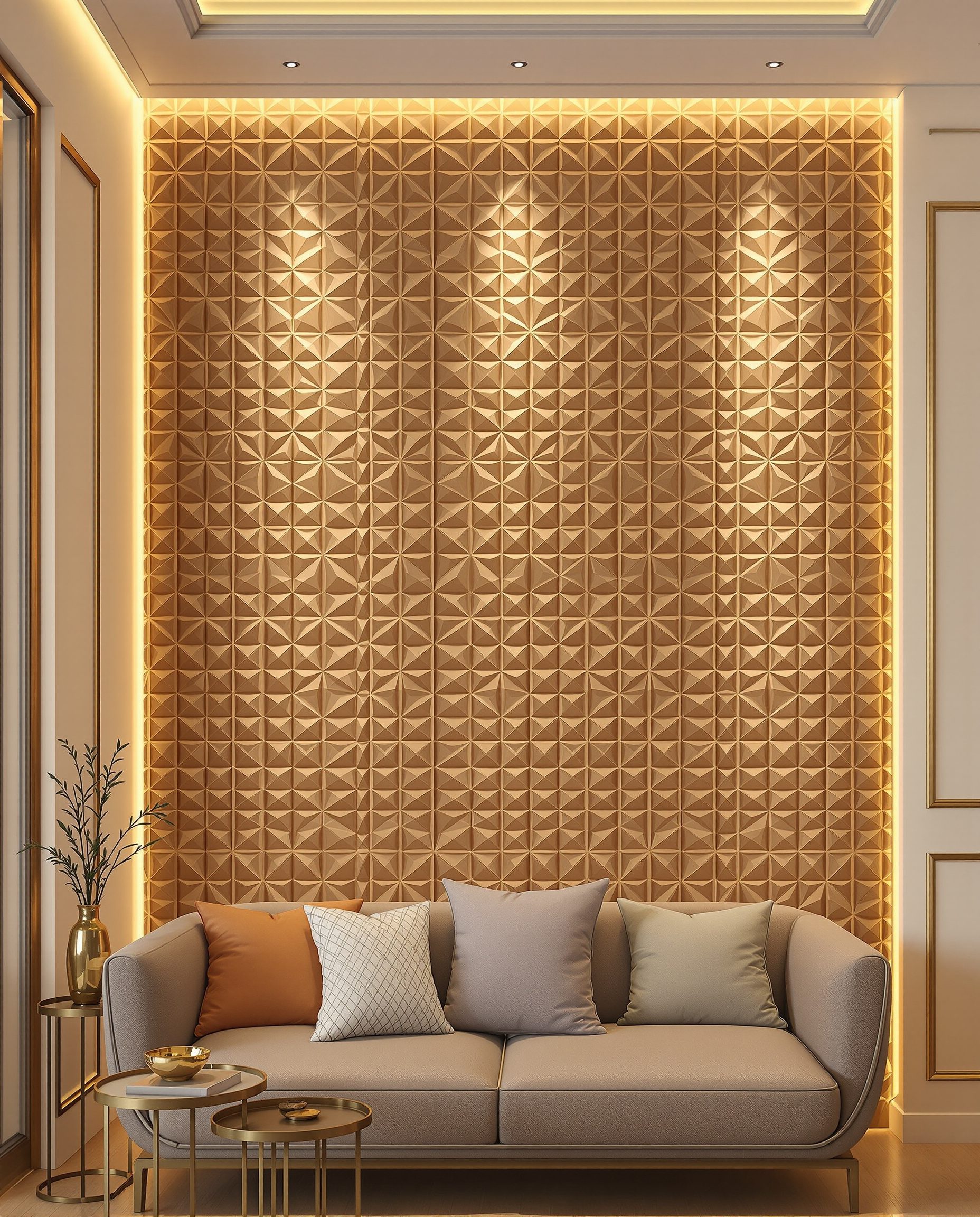 3D Geometric MDF Wall — Warm Oak
