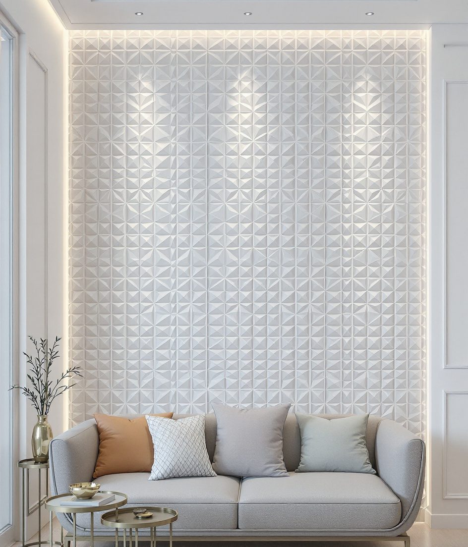 3D Geometric MDF Wall — White Modern