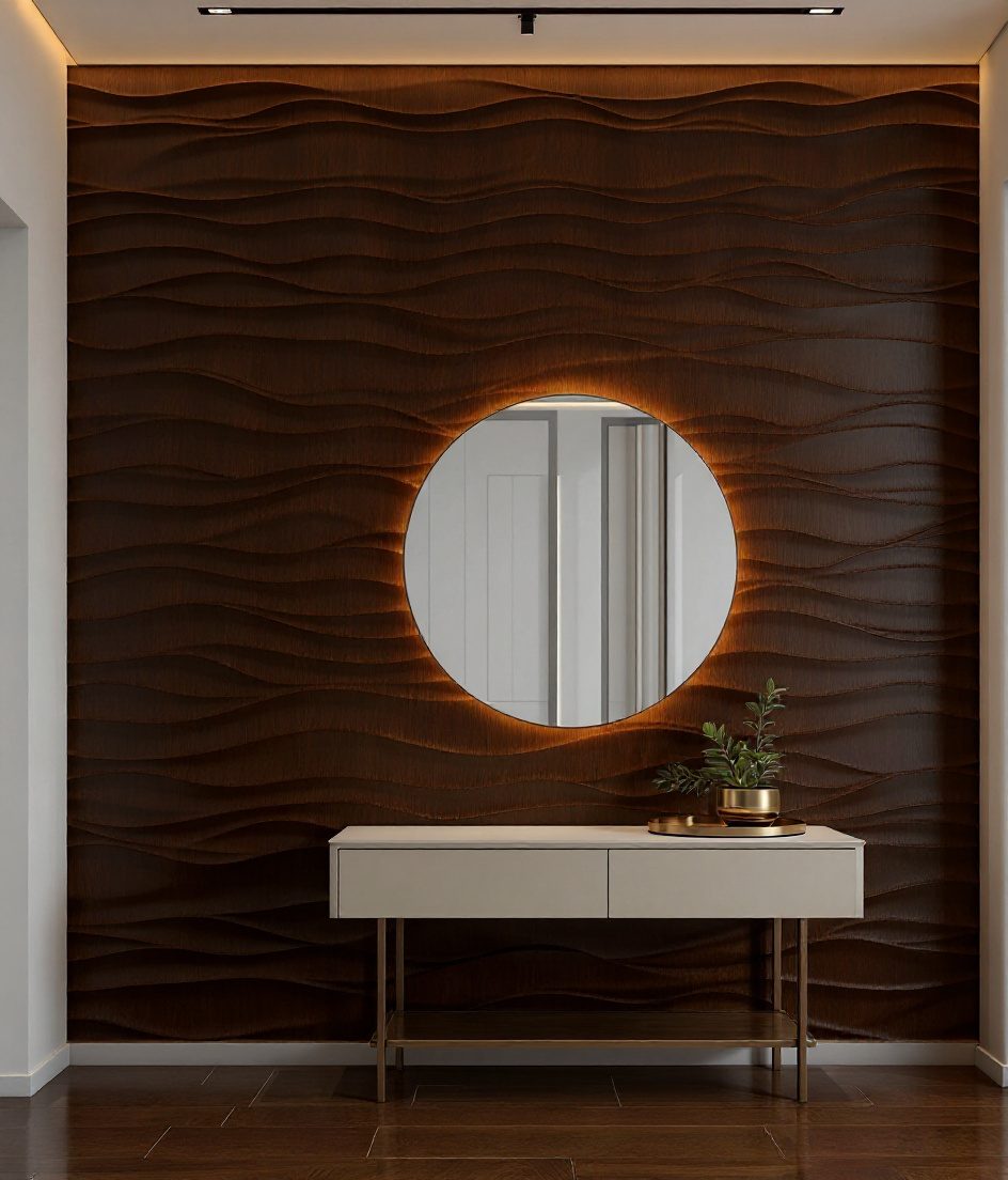 3D Wave Gypsum Wall — Walnut Classic