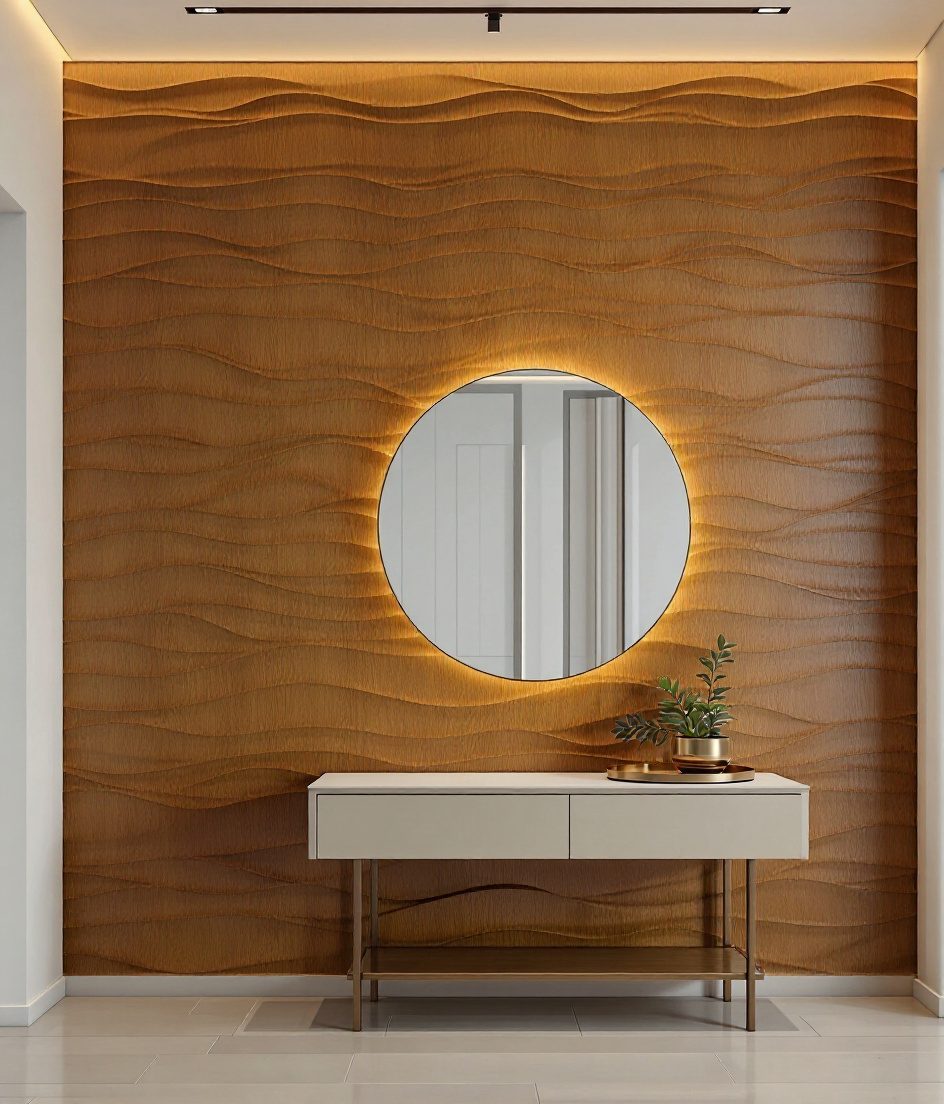 3D Wave Gypsum Wall — Warm Oak