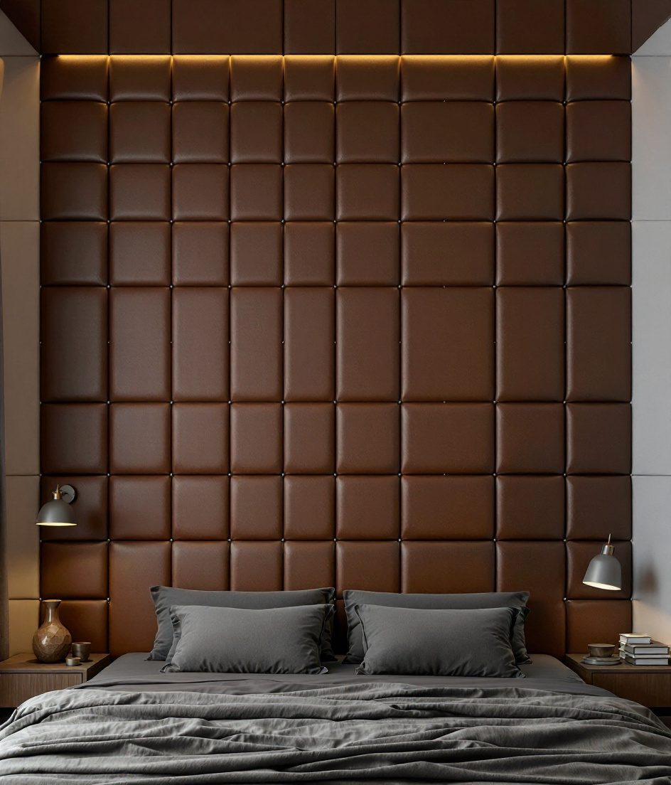 Charcoal Leather Panel Wall — Walnut Classic