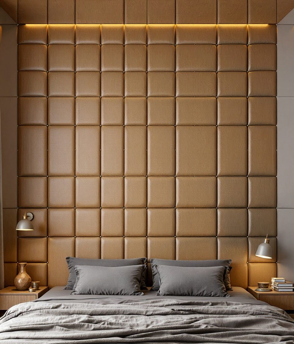 Charcoal Leather Panel Wall — Warm Oak