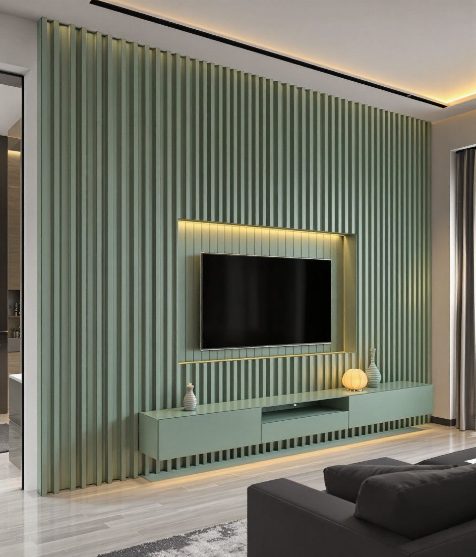 Charcoal Louver TV Wall — Sage & Brass