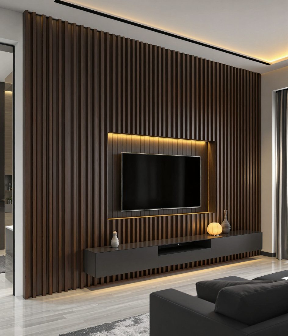 Charcoal Louver TV Wall — Walnut Classic