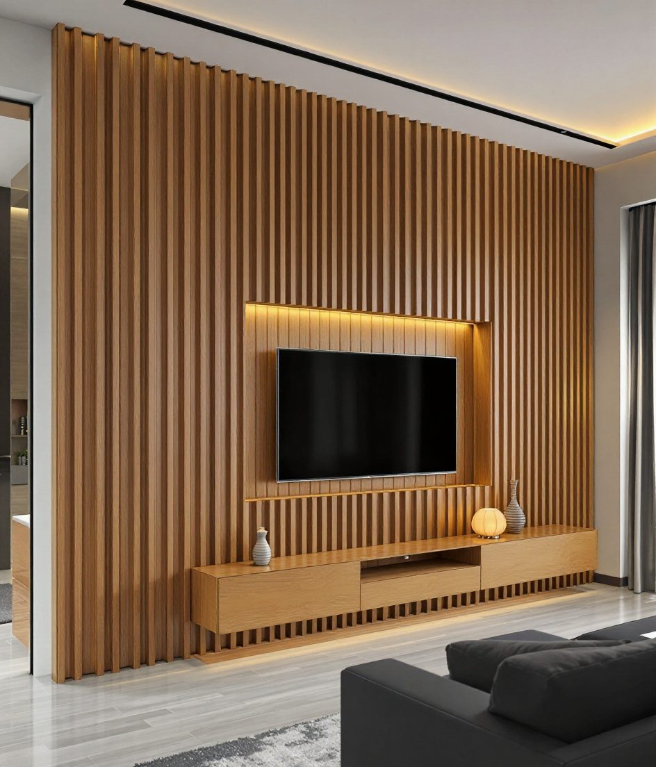 Charcoal Louver TV Wall — Warm Oak