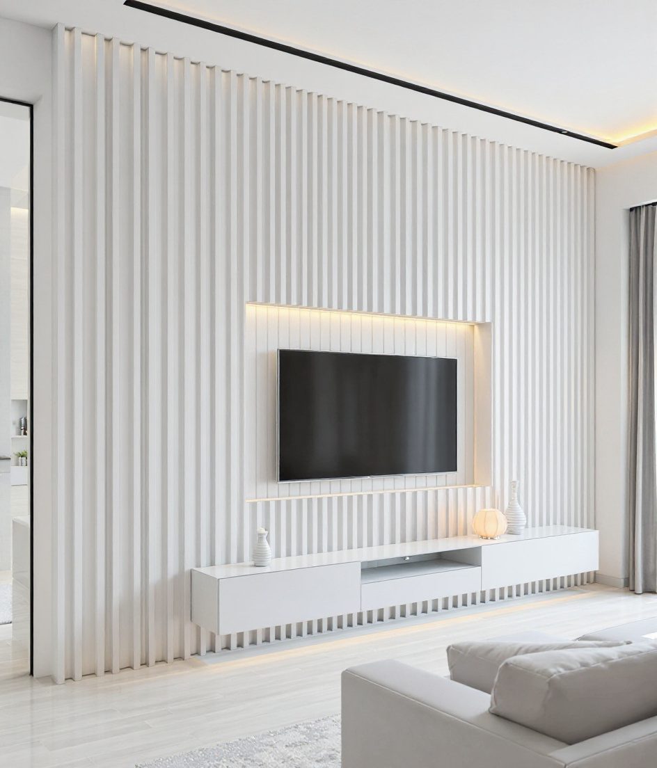Charcoal Louver TV Wall — White Modern
