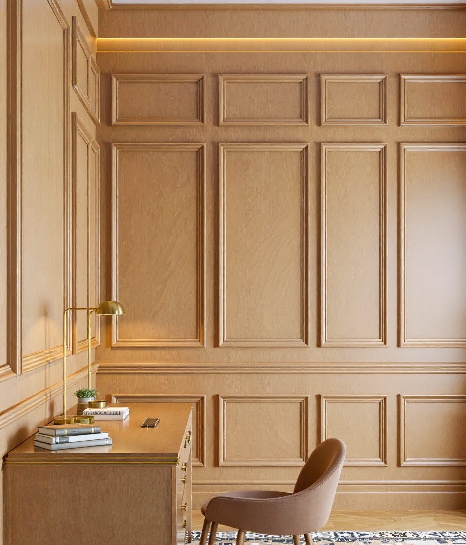 Charcoal Wainscot Study Wall — Warm Oak