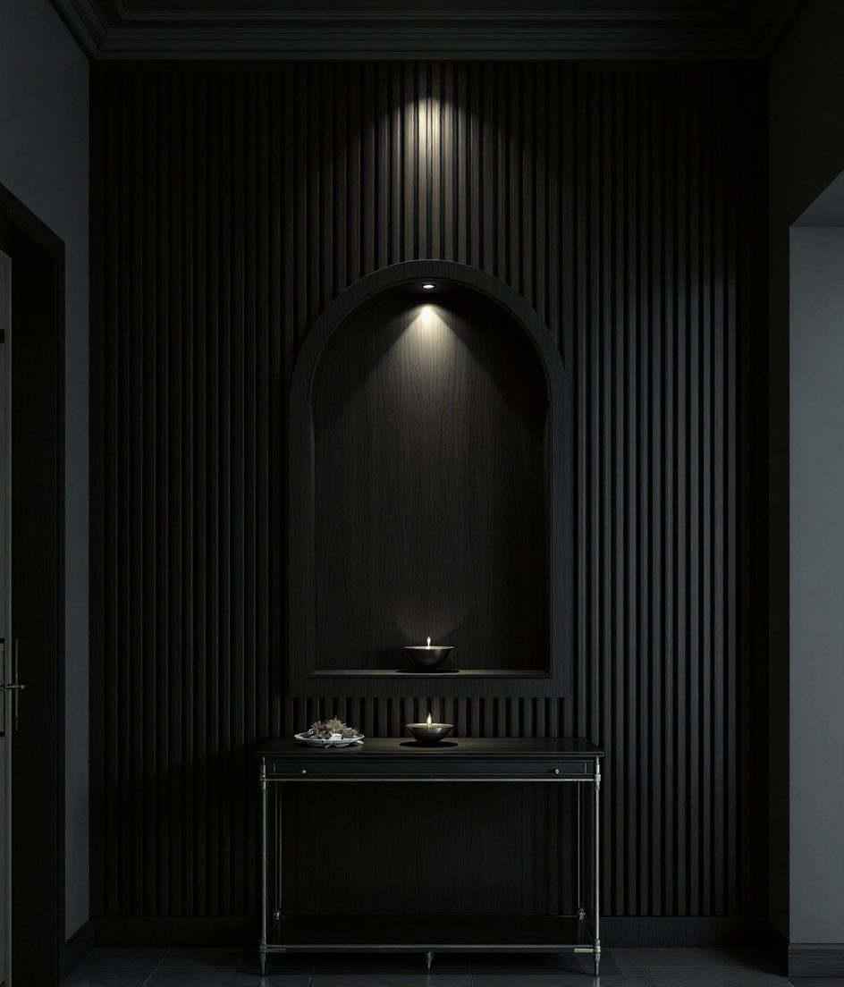 Fluted Arch Pooja Wall — Charcoal Minimal
