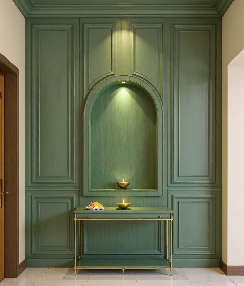 Fluted Arch Pooja Wall — Sage & Brass
