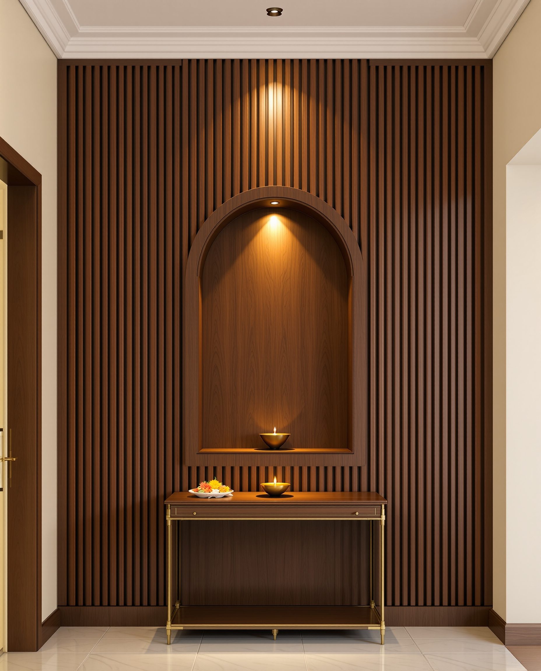 Fluted Arch Pooja Wall — Walnut Classic