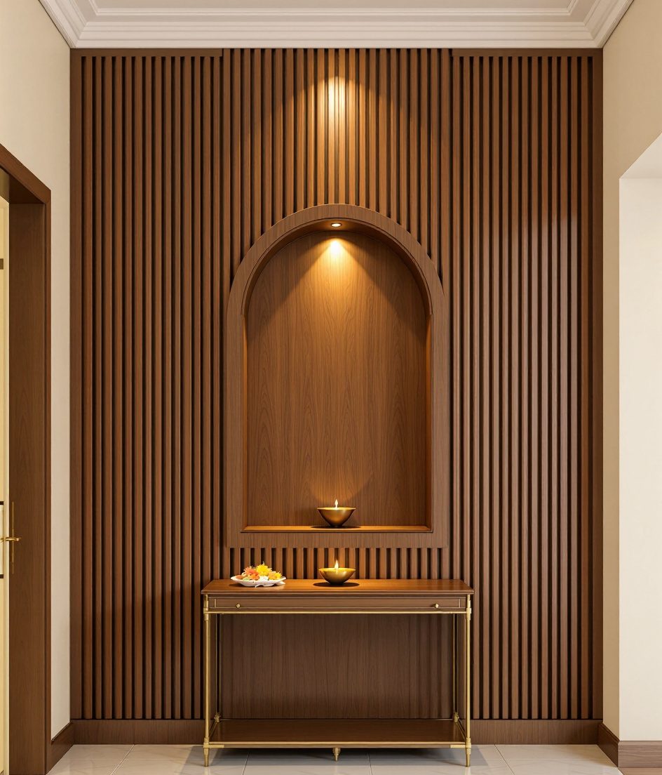 Fluted Arch Pooja Wall — Warm Oak