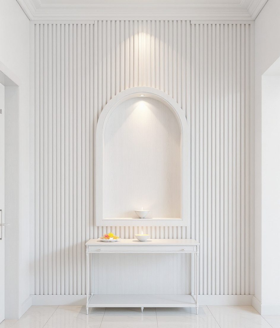 Fluted Arch Pooja Wall — White Modern
