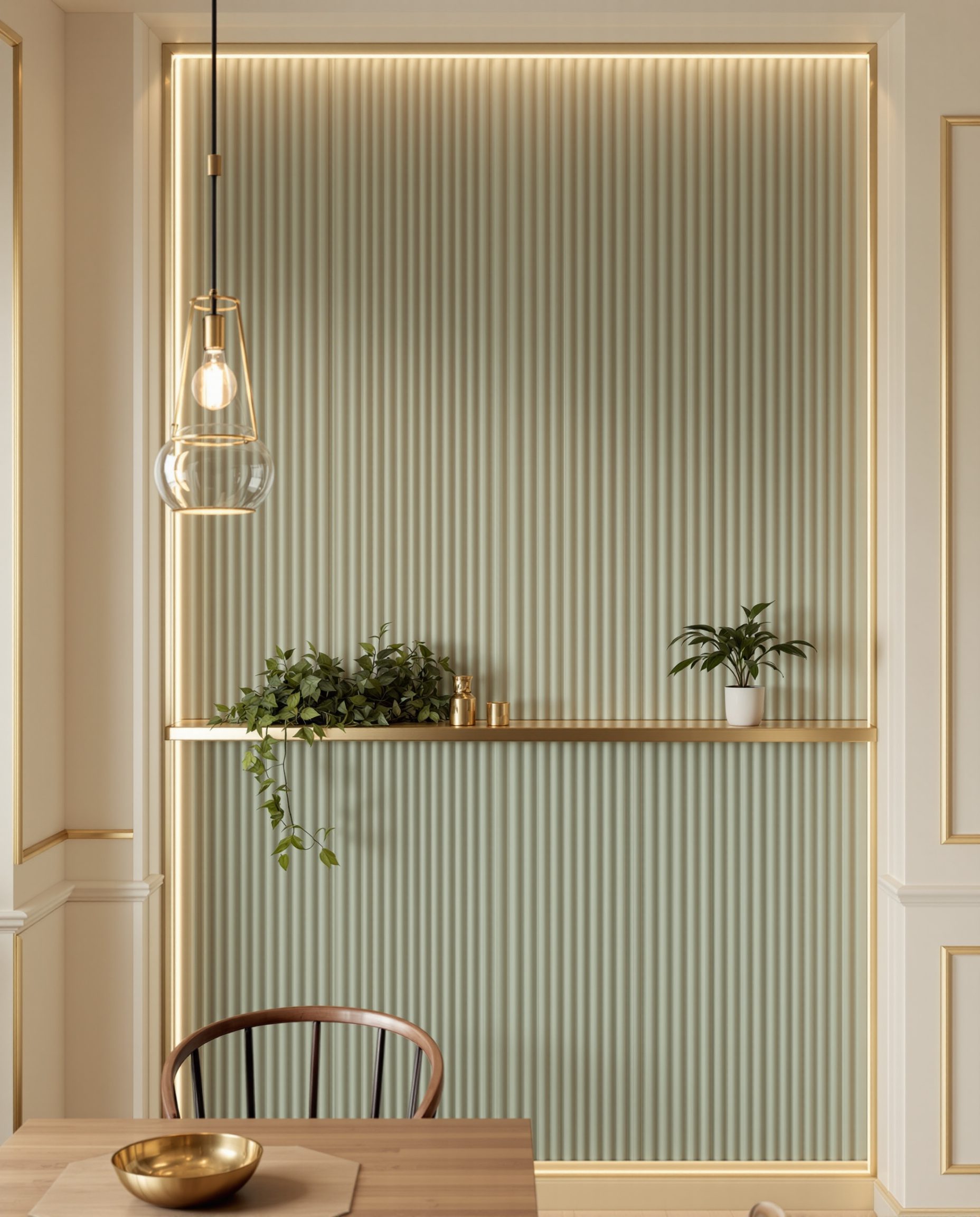 Fluted Sage Dining Wall — Sage & Brass