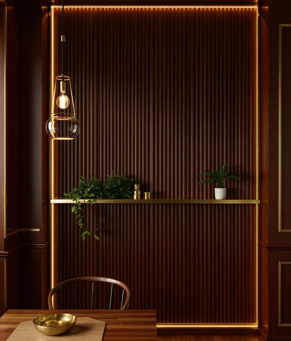 Fluted Sage Dining Wall — Walnut Classic