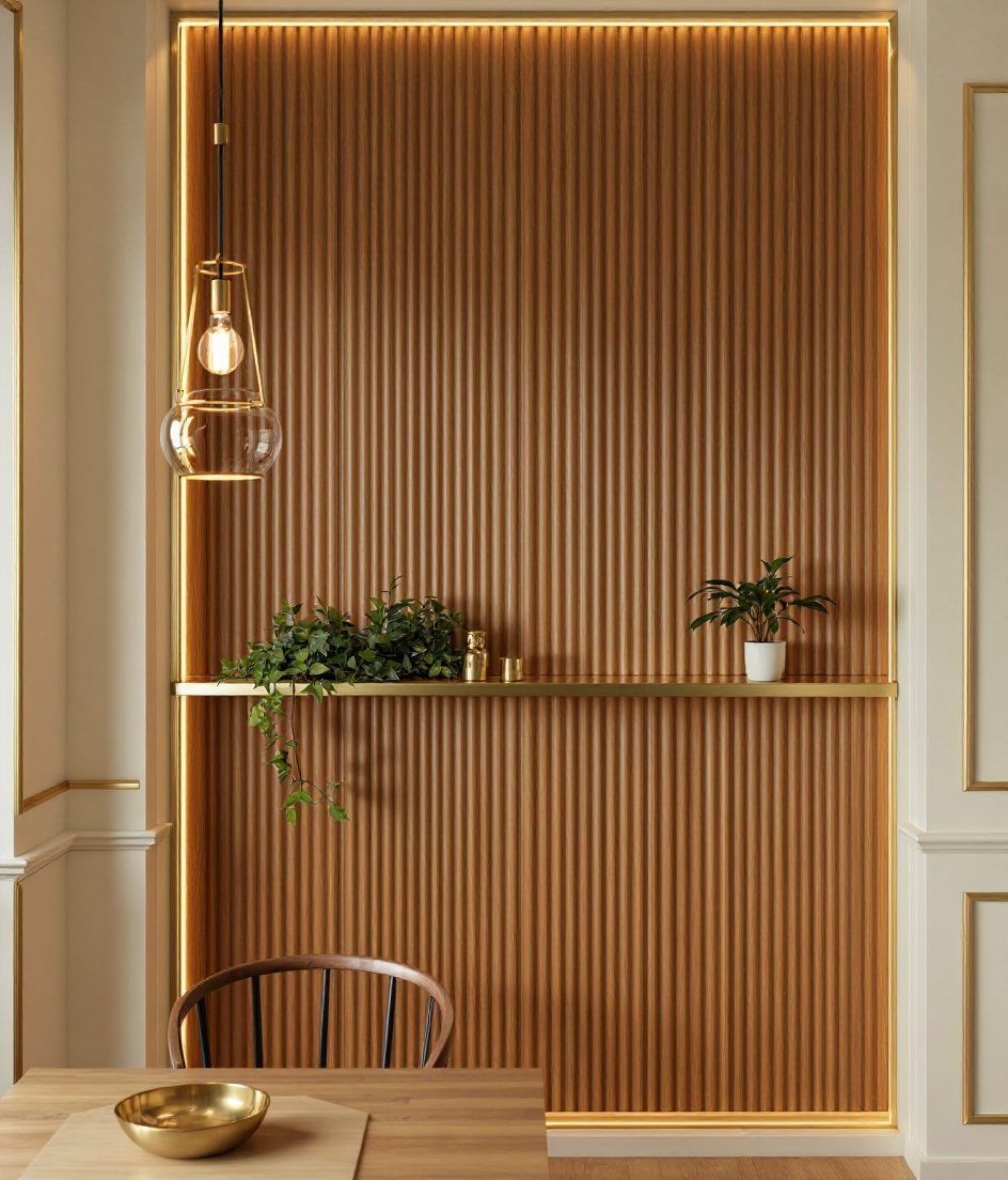 Fluted Sage Dining Wall — Warm Oak