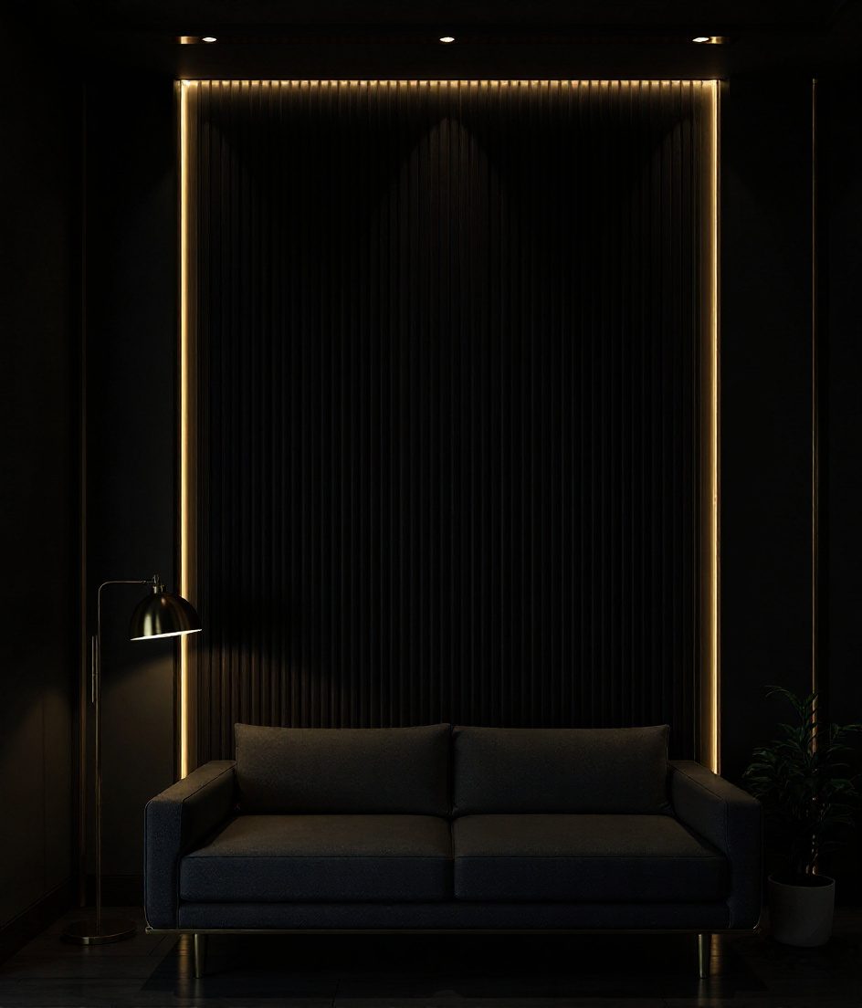 Fluted Wood Feature Wall — Charcoal Minimal
