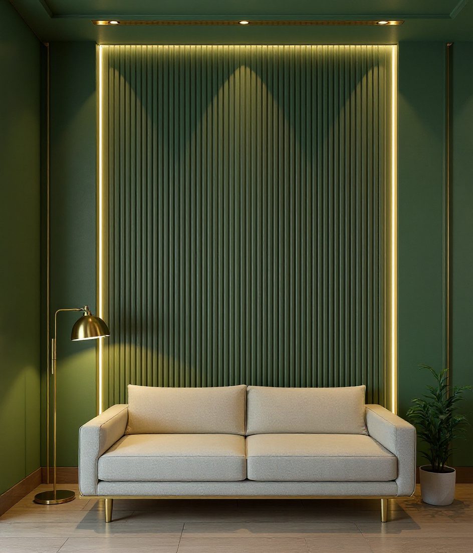 Fluted Wood Feature Wall — Sage & Brass