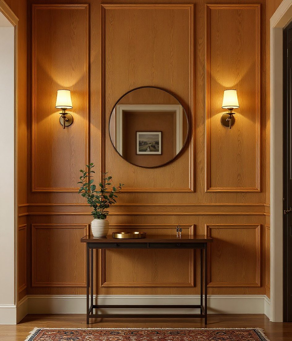 Half-Wainscot Foyer Wall — Warm Oak