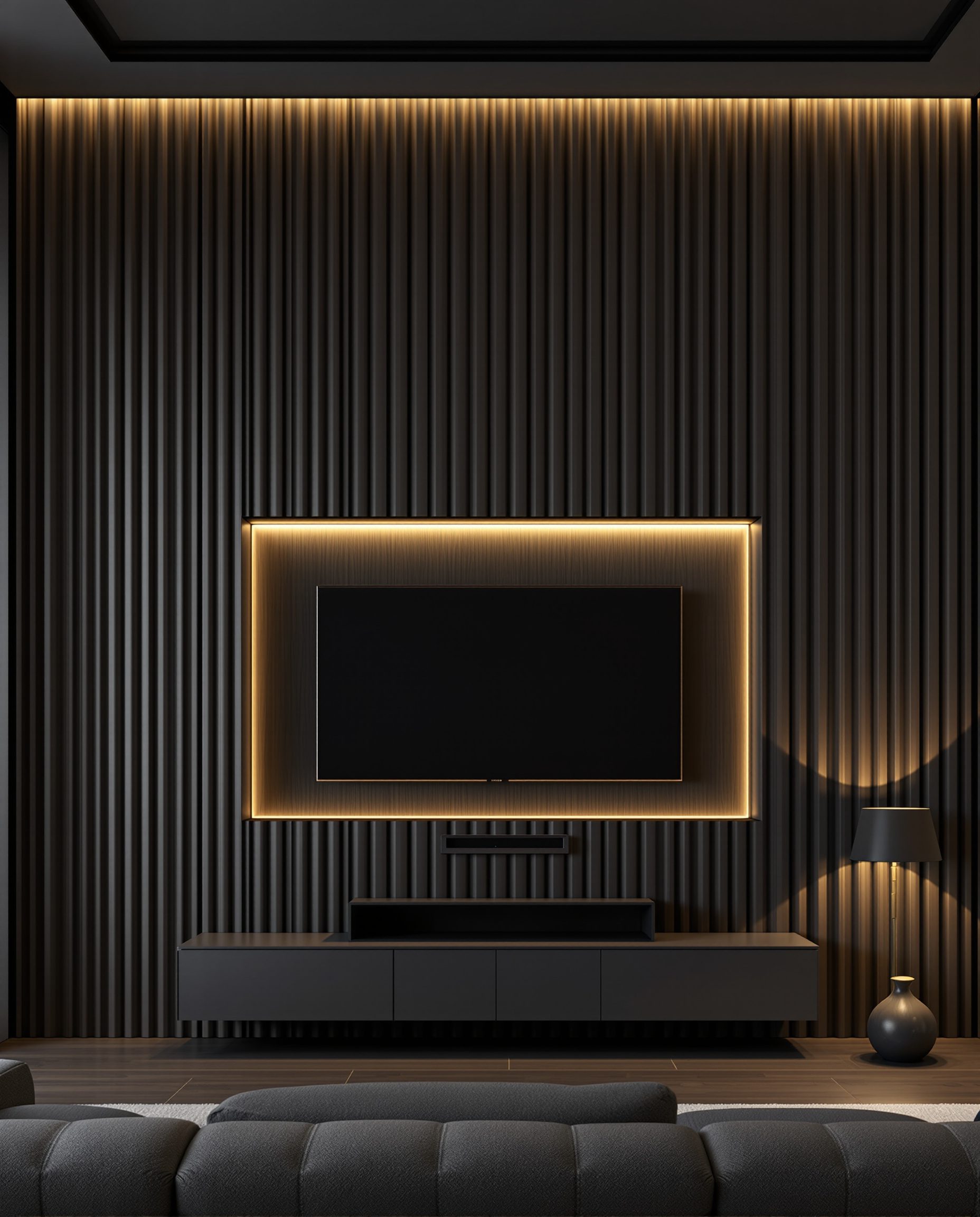 Reeded Charcoal TV Wall — Charcoal Minimal
