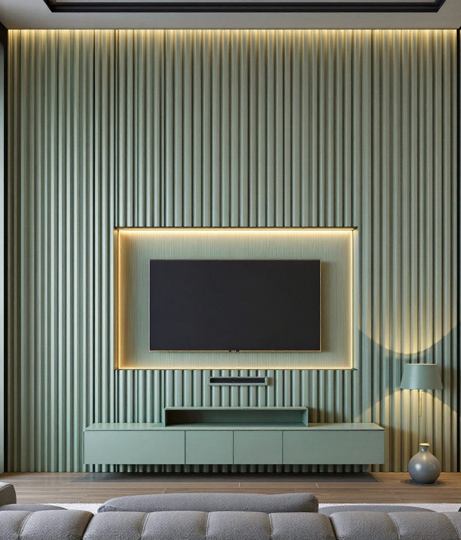 Reeded Charcoal TV Wall — Sage & Brass