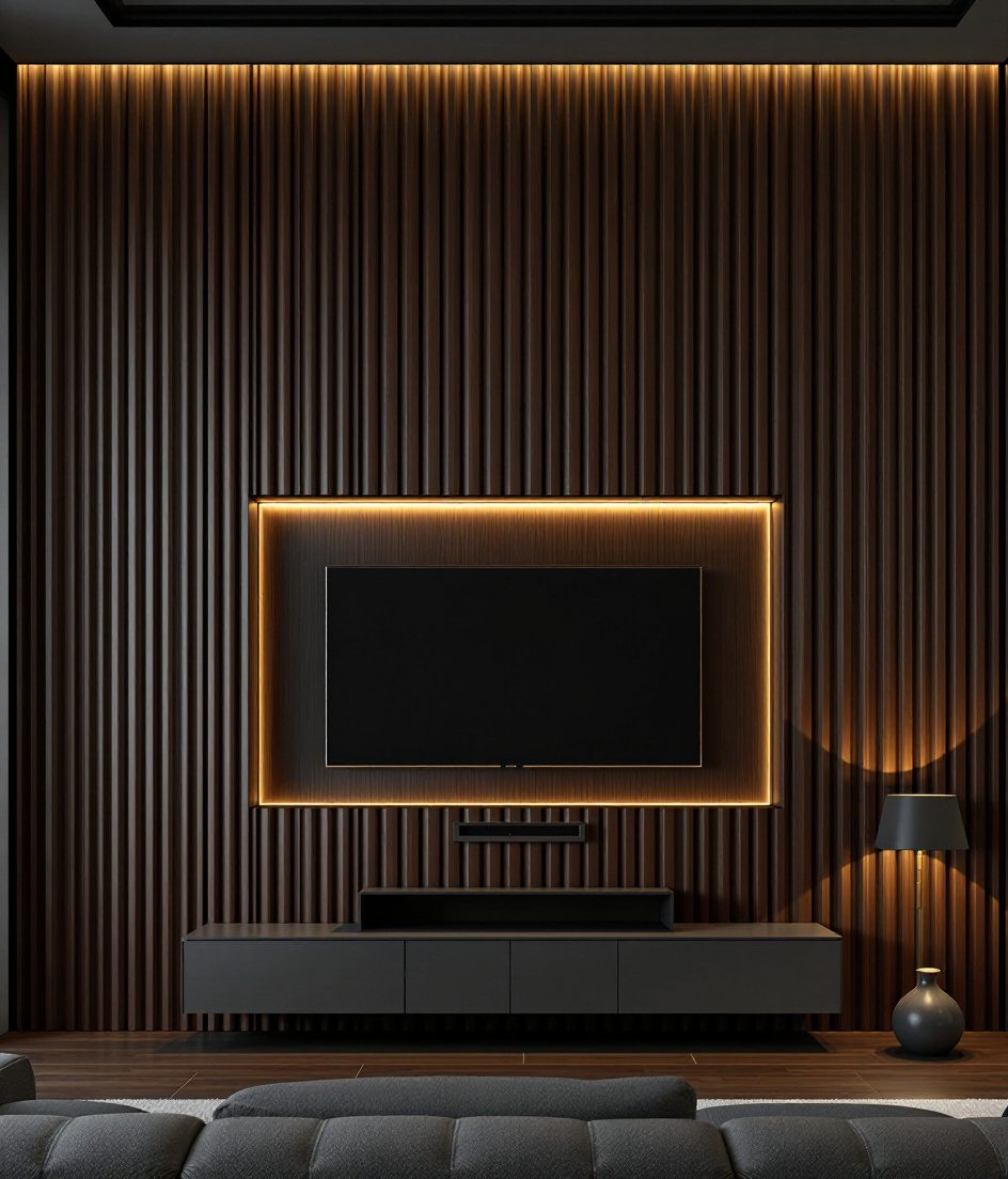 Reeded Charcoal TV Wall — Walnut Classic