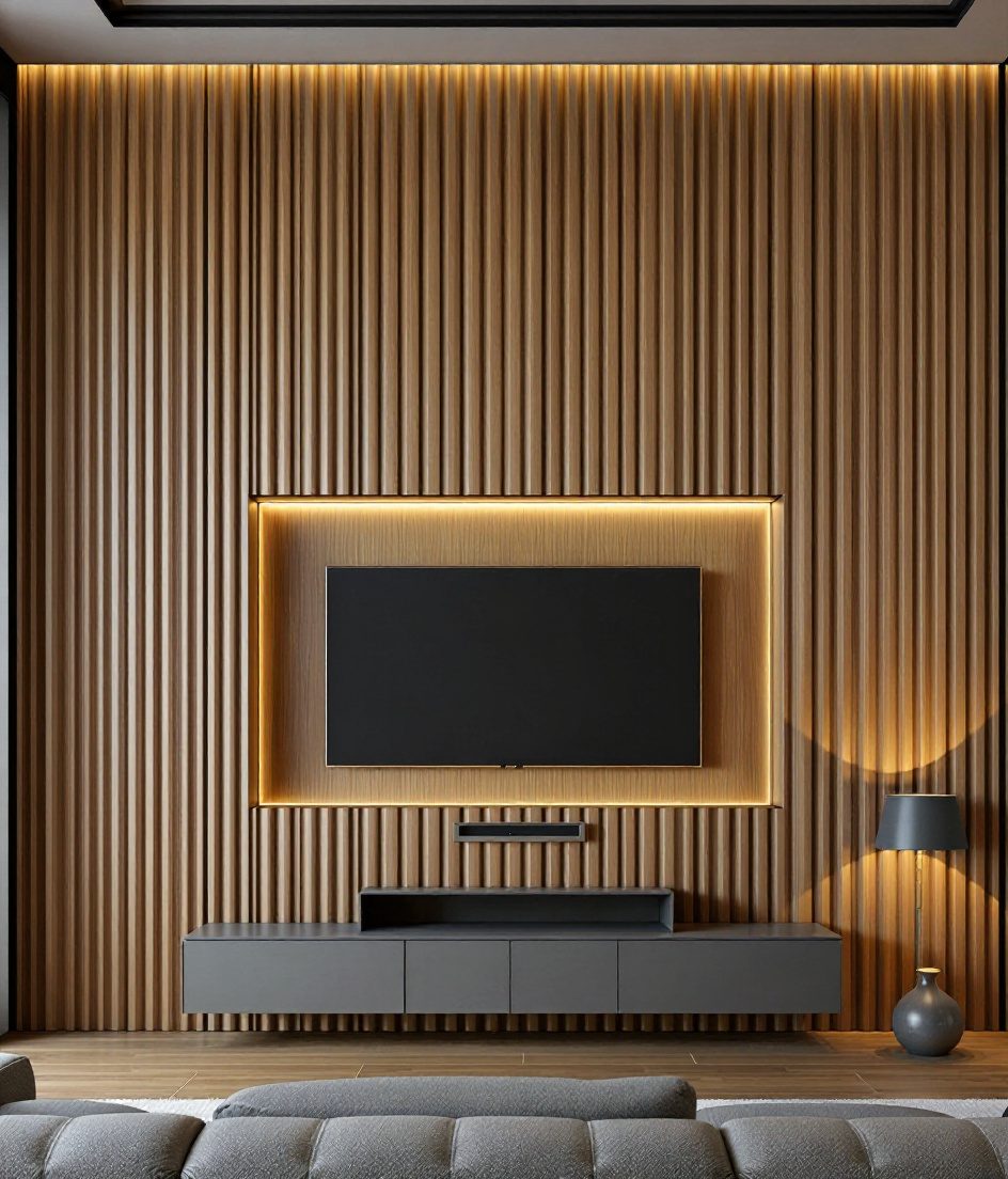 Reeded Charcoal TV Wall — Warm Oak