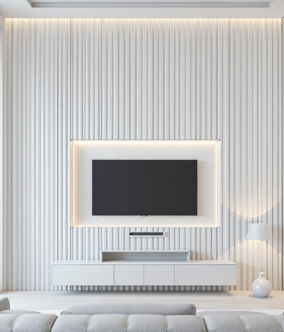 Reeded Charcoal TV Wall — White Modern