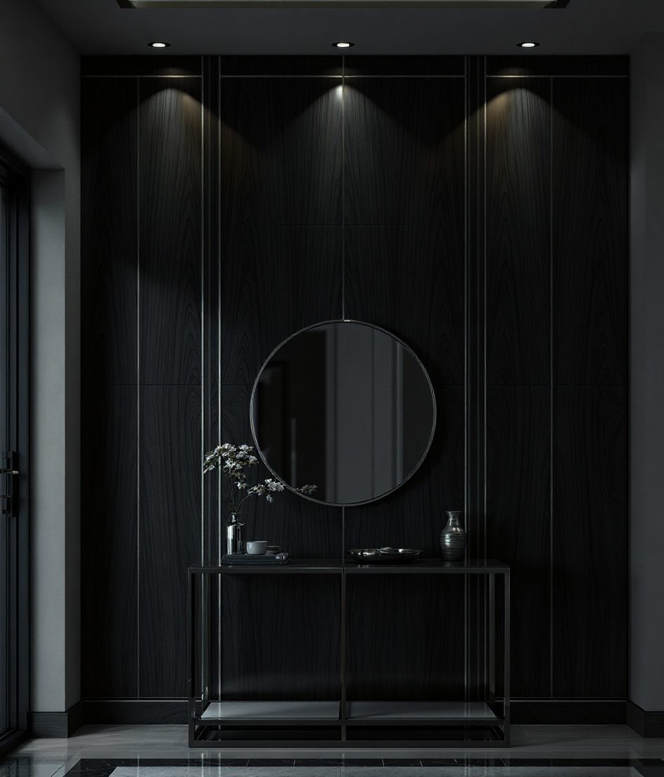 Rosewood Veneer Foyer Wall — Charcoal Minimal