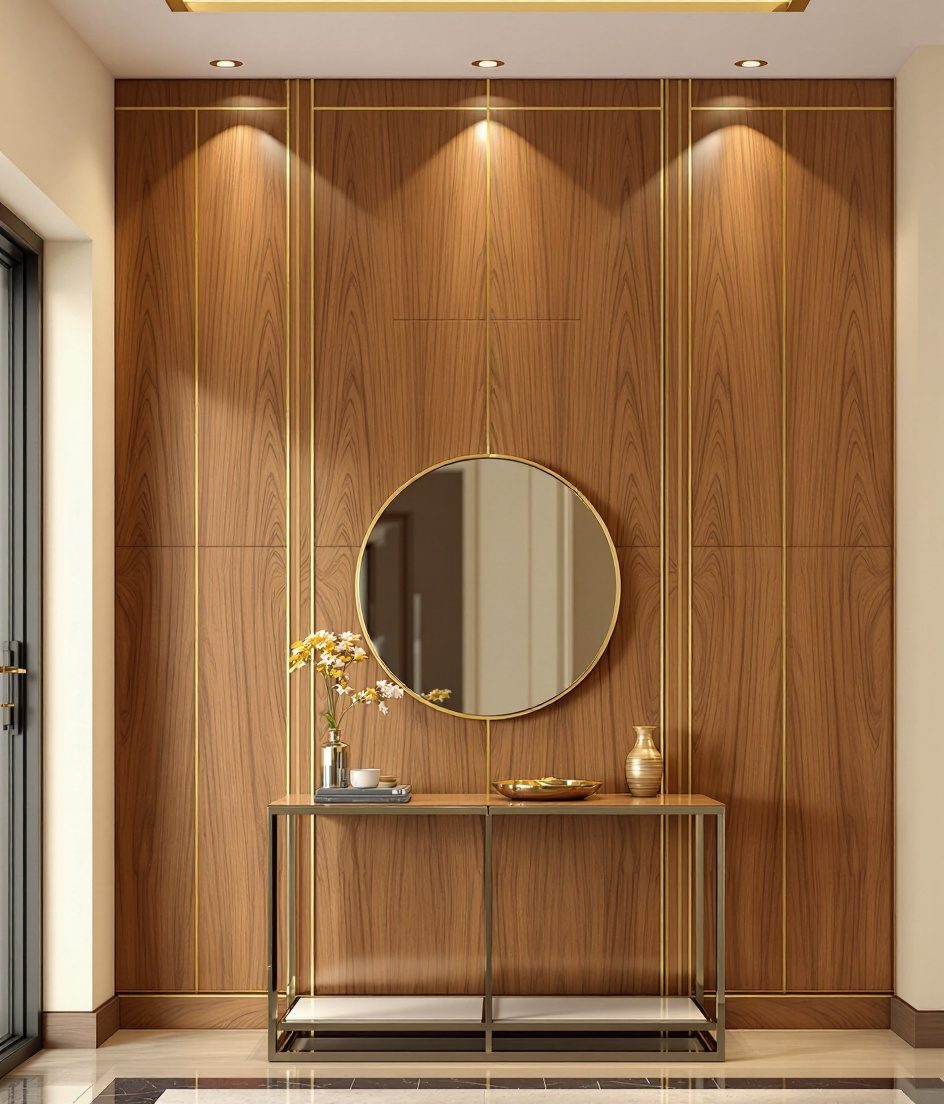 Rosewood Veneer Foyer Wall — Warm Oak