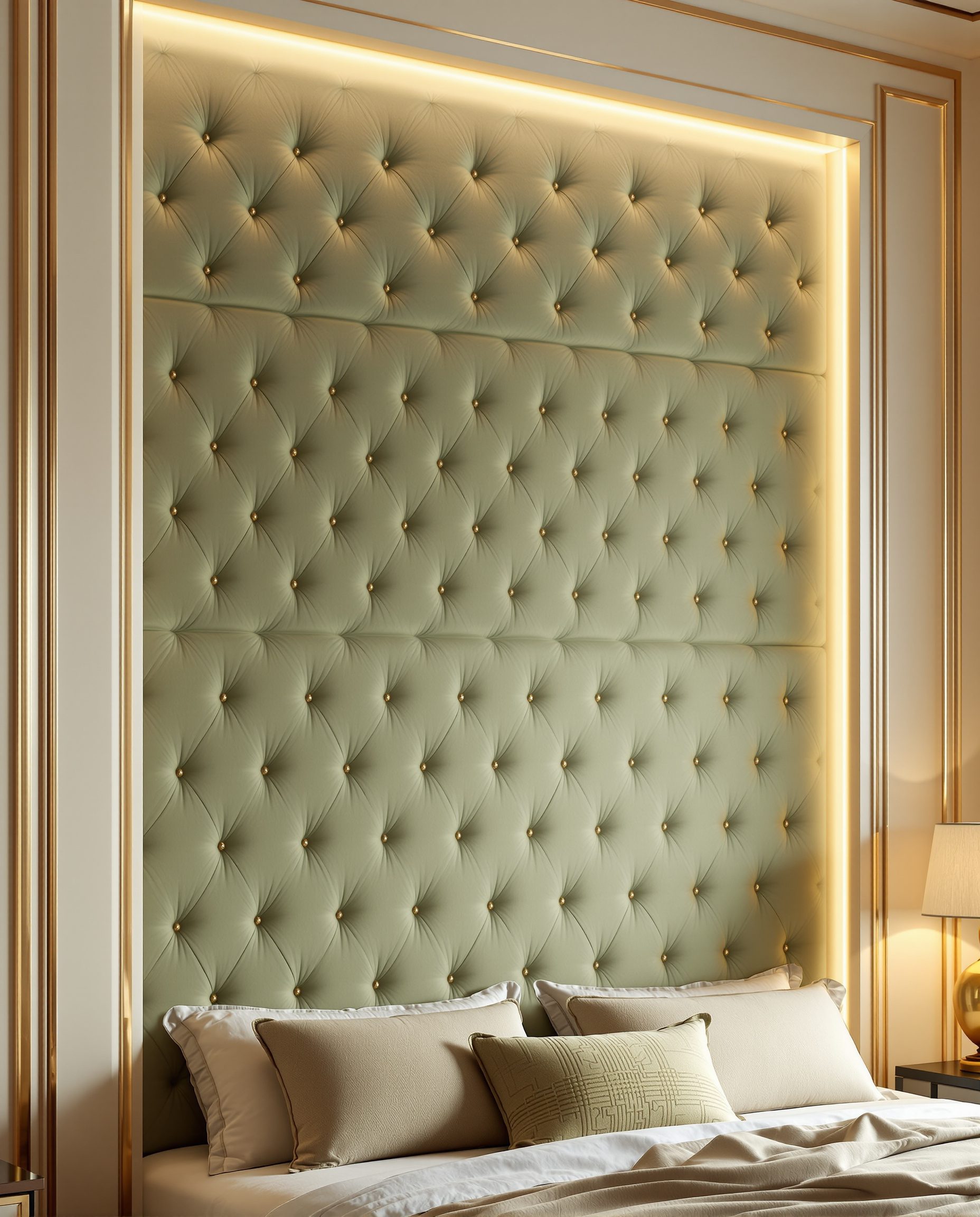 Sage Velvet Upholstered Wall — Sage & Brass