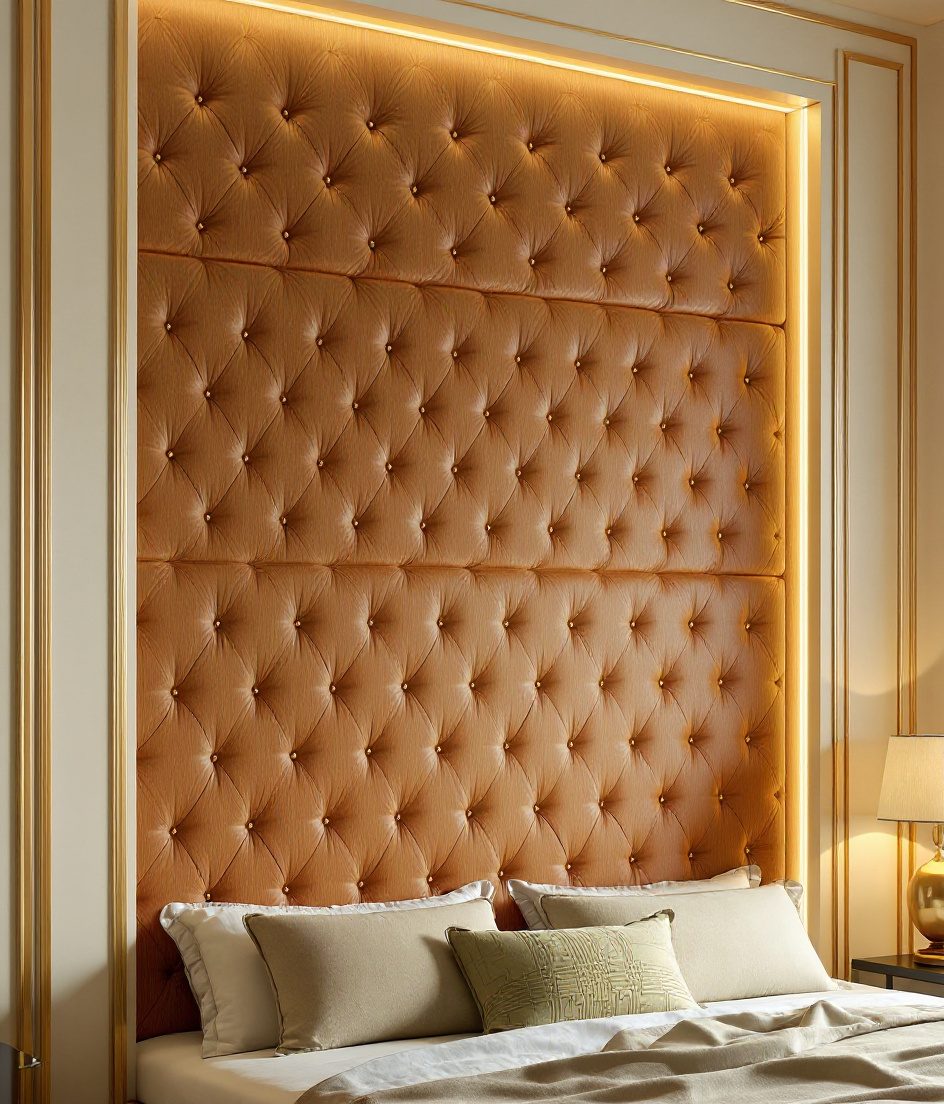 Sage Velvet Upholstered Wall — Warm Oak