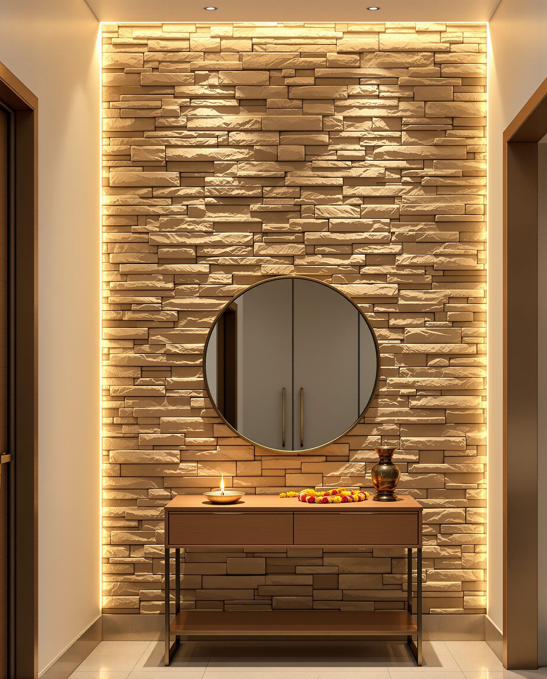 Stone Cladding Foyer Wall — Warm Oak