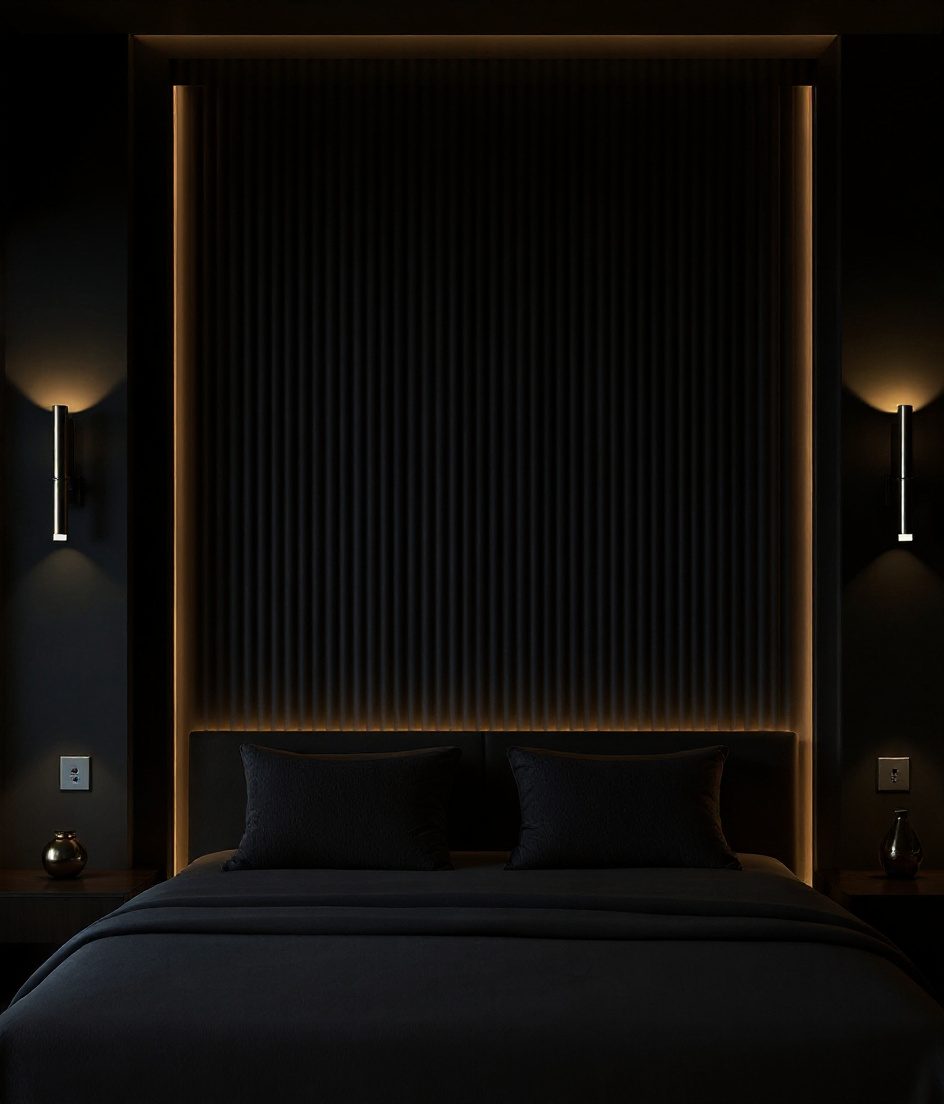 White Fluted Headboard Wall — Charcoal Minimal