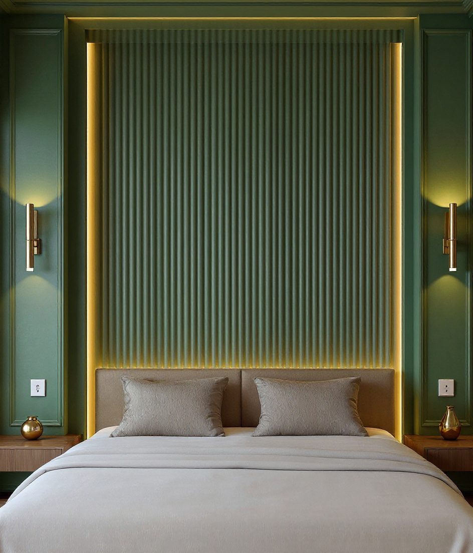 White Fluted Headboard Wall — Sage & Brass