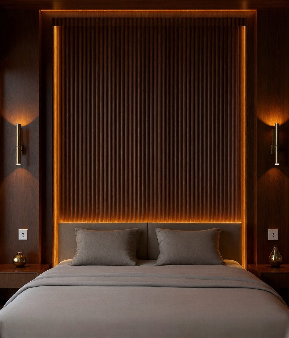 White Fluted Headboard Wall — Walnut Classic