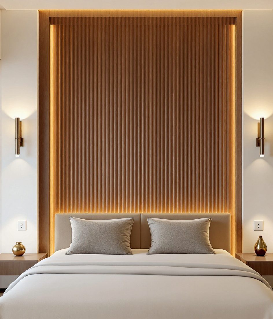 White Fluted Headboard Wall — Warm Oak