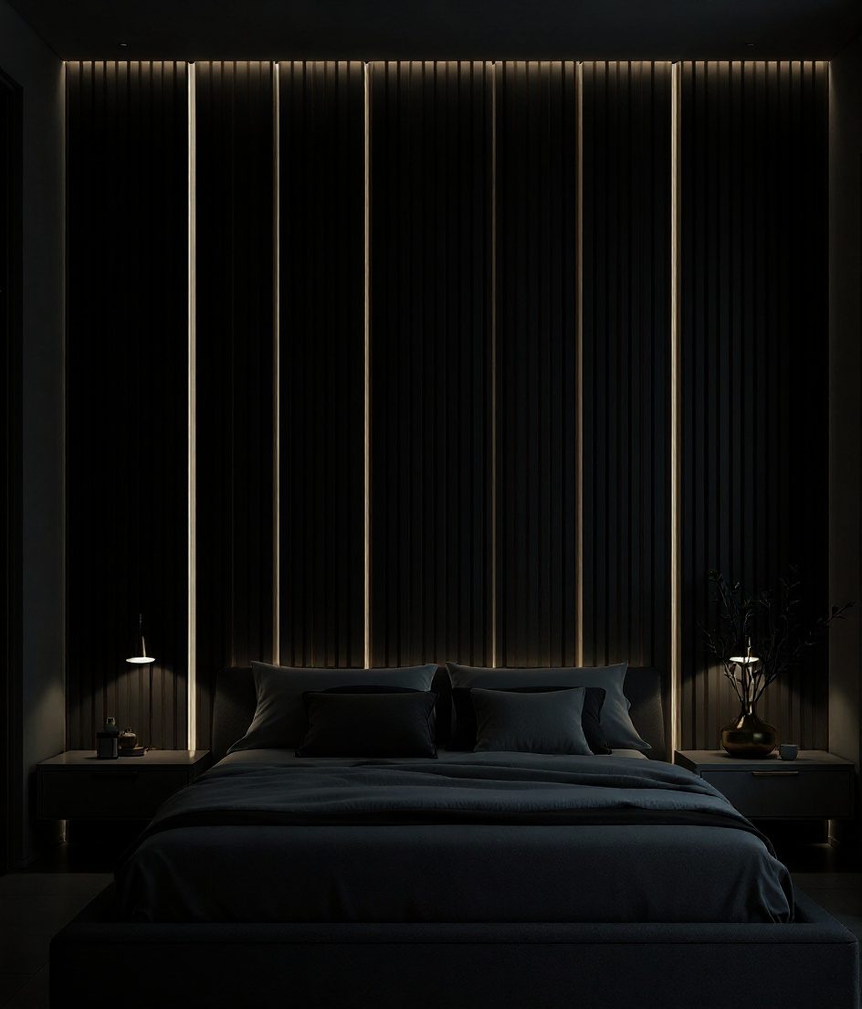 White Oak Slat Bedroom Wall — Charcoal Minimal