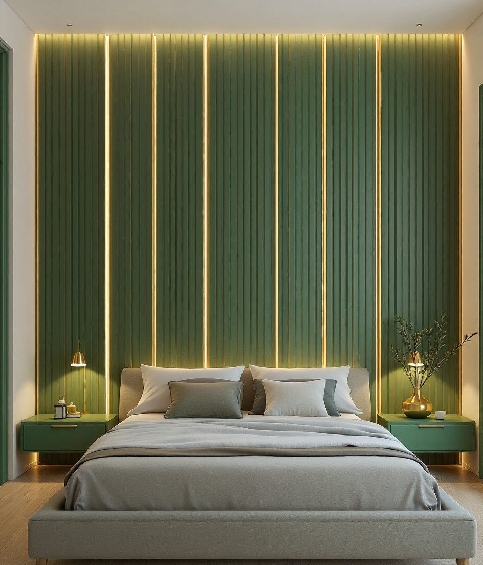 White Oak Slat Bedroom Wall — Sage & Brass