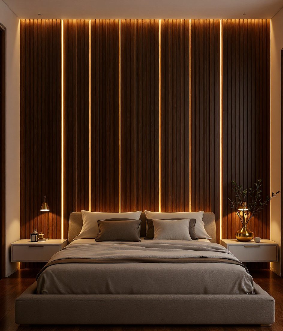 White Oak Slat Bedroom Wall — Walnut Classic