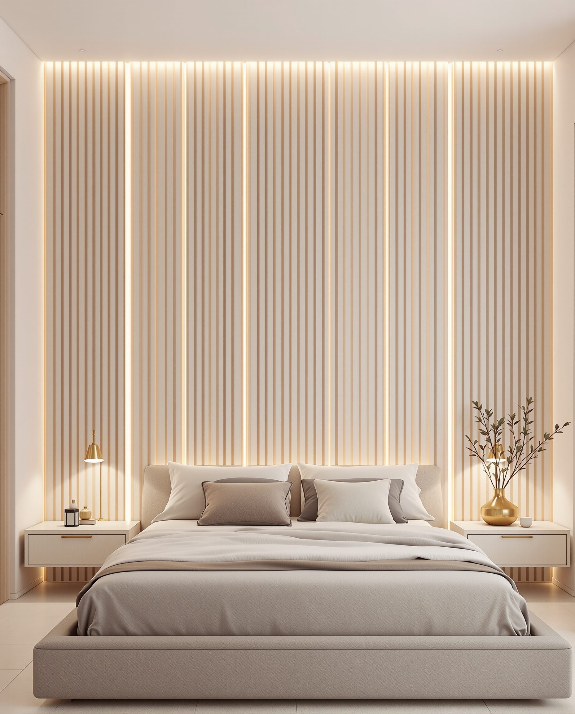White Oak Slat Bedroom Wall — White Modern
