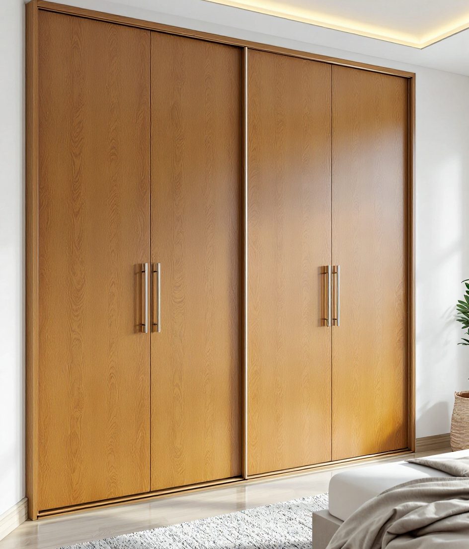 High-Gloss Acrylic Wardrobe — Warm Oak