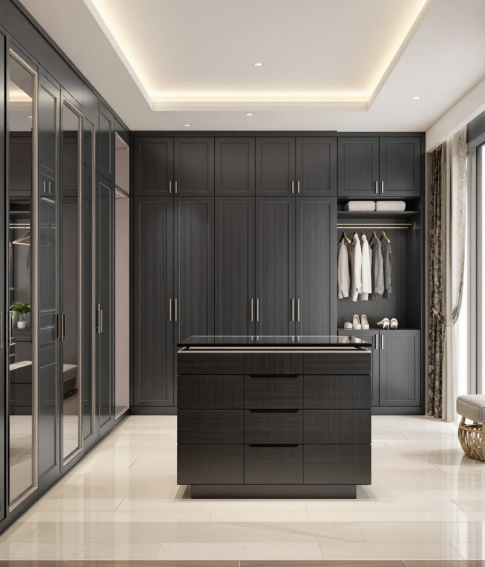 Luxury Walk-In Island Wardrobe — Charcoal Minimal