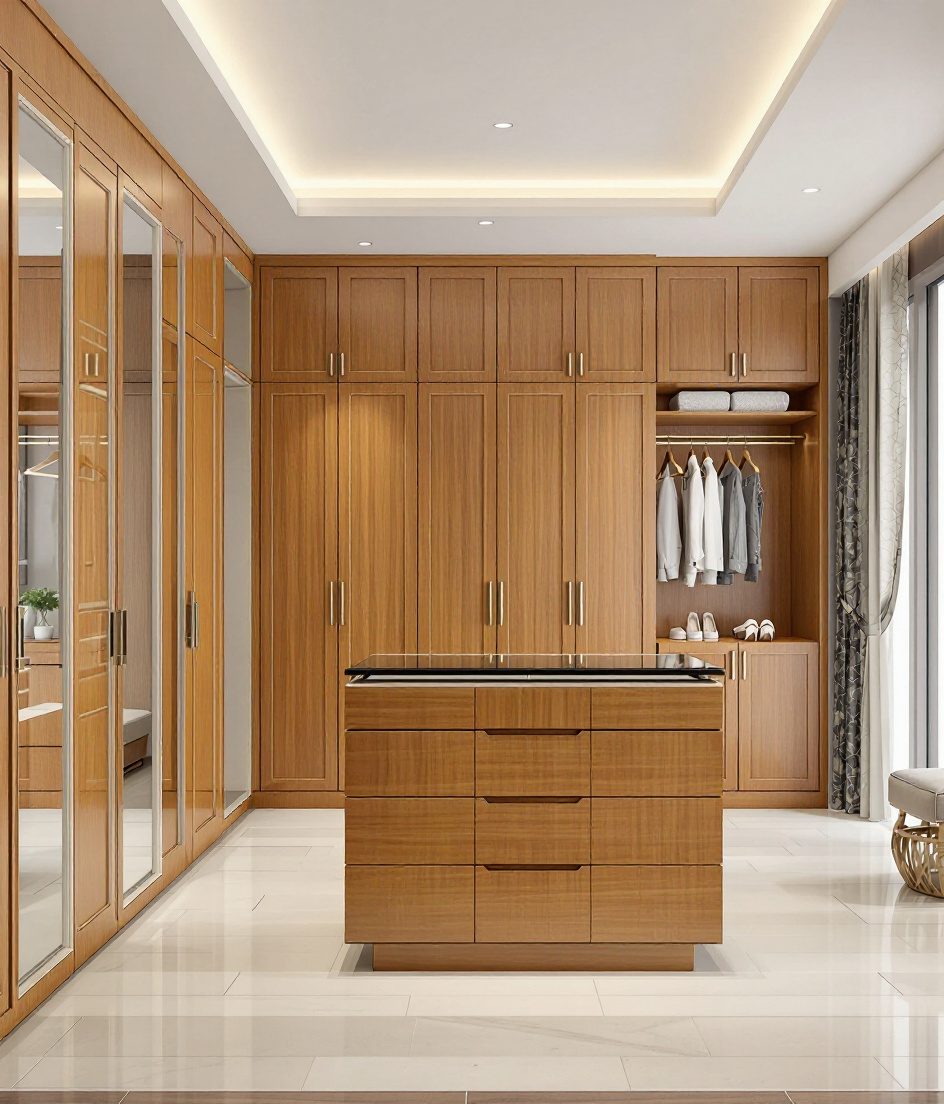 Luxury Walk-In Island Wardrobe — Warm Oak