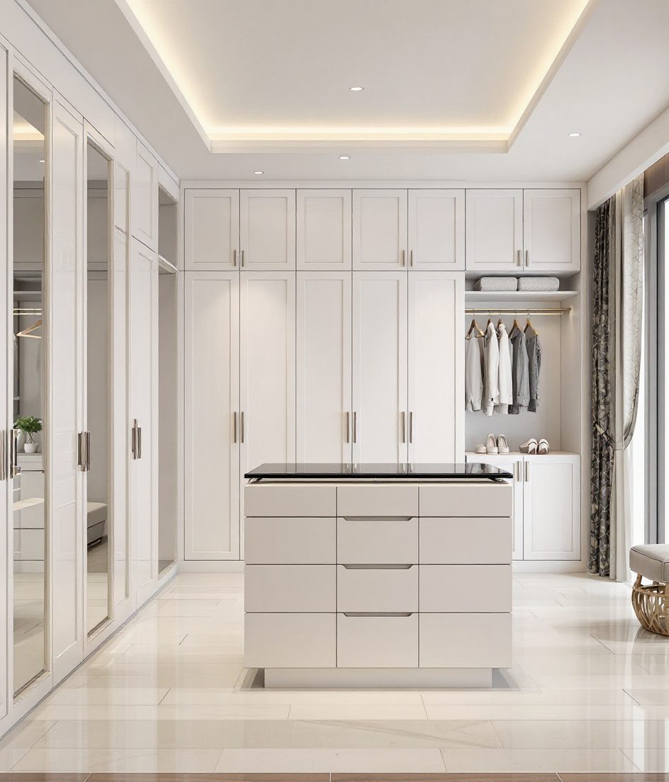 Luxury Walk-In Island Wardrobe — White Modern